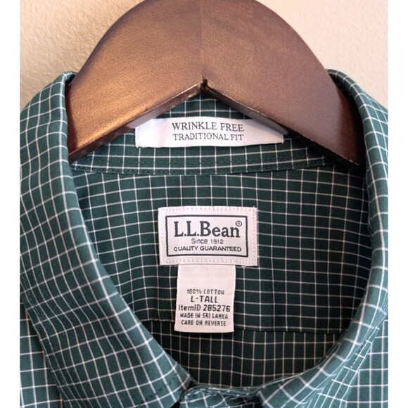LL Bean Size Large Tall Green Check Shirt Mens Wrinkle Free Traditional Fit LT - Picture 2 of 5